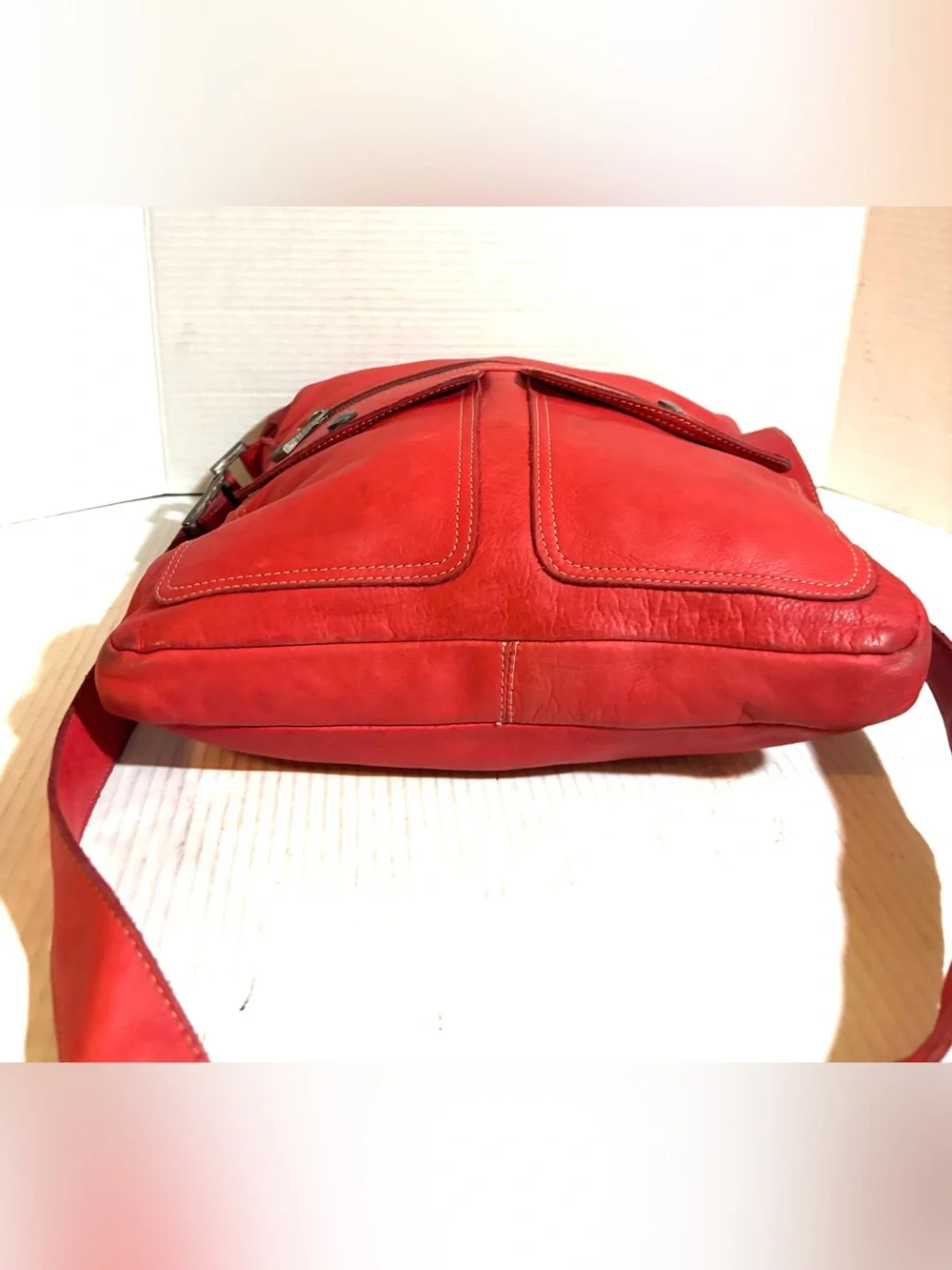 Red vintage Leather Crossbody Bag - Sleek Everyday Shoulder Bag